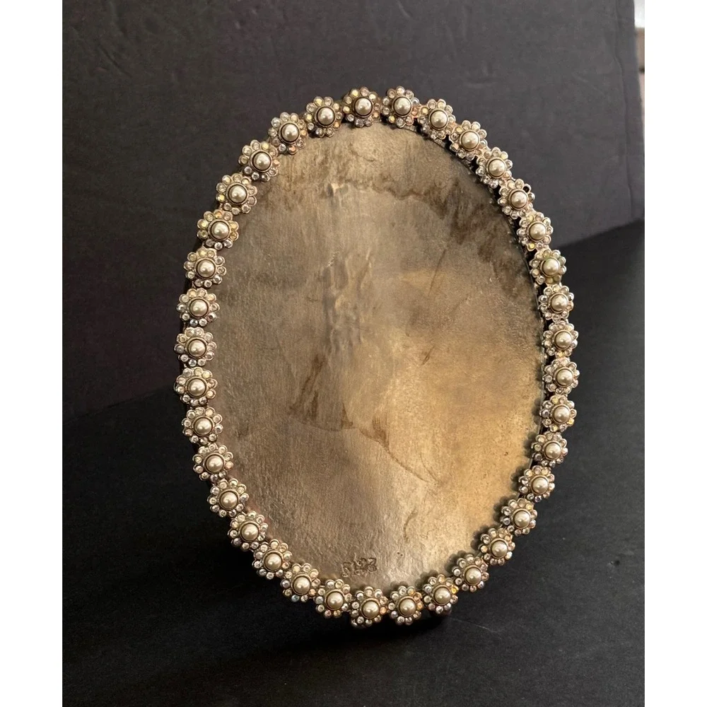 Jay Strongwater Small Oval Picture‎ Frame Silver Tone Crystals Faux Pearls Tag